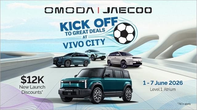 Visit Omoda & Jaecoo at VivoCity! See the new JAECOO 5 & 8 SUVs/EVs. Save up to $12k on SG's #3 best-selling EV brand.